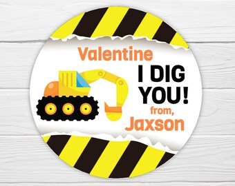 BOGO / Construction Valentine Sticker / Yellow Construction Truck / 3 Sizes / Personalized Valentine Construction Label