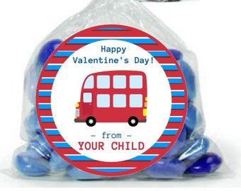 Custom Valentine Sticker / Red Double Decker Bus/ Sheet of 12 / Personalized Valentine Label / Valentine Double Decker Bus Stickers