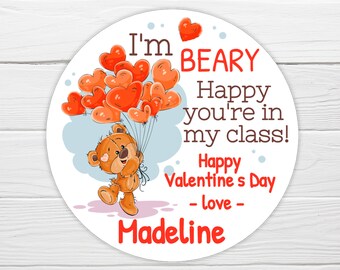 BOGO / Teddy Bear Valentine Sticker / BEARY HAPPY / 3 Sizes / Personalized Valentine Label / Valentine Heart Stickers