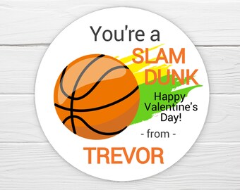 BOGO / Valentine Basketball Sticker / You're a Slam Dunk Basketball Valentine Sticker / 3 Sizes / GLOSSY / Personalized Valentine Label