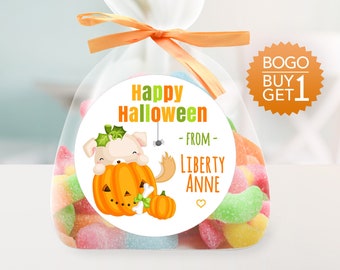 BOGO / Custom Halloween Labels / GLOSSY / Puppy Inside of Pumpkin Sticker / 3 Sizes / Personalized Cute Halloween Dog Sticker