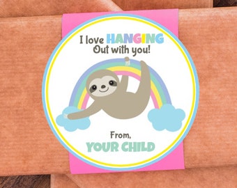 Sloth Hanging Out on Rainbow / Sheet of 12 / Custom Valentine Sticker / Personalized Valentine Sloth Label / Personalized Sloth