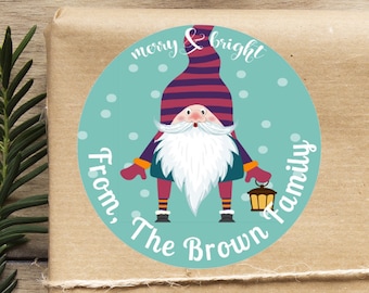 Custom Christmas Sticker / Merry and Bright Teal Gnome / Custom Gnome Labels / Personalized Scandinavian Christmas Gnomes