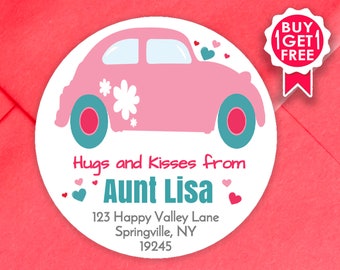BOGO / Return Address Sticker with Pink Car / GLOSSY Stickers / Available in 3 sizes / Personalized Address Labels