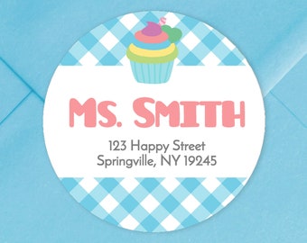 Return Address Sticker with Cupcake Gingham / GLOSSY Stickers / Available in 3 sizes / Personalized Address Labels