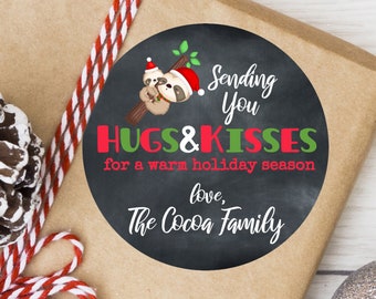 Hugs and Kisses Cute Sloth / Christmas Gift Stickers / Chalkboard Christmas Labels / 3 sizes / Round Glossy / Custom Christmas Chalkboard