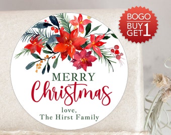 BOGO / Merry Christmas Floral Wreath / Custom Christmas Stickers / 4 Sizes / Christmas Wreath Stickers / Personalized Christmas Labels