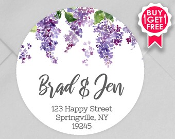 BOGO / Custom Wedding Address Stickers with Purple Lilacs / GLOSSY Stickers / Available in 3 sizes / Personalized Wedding Address Labels