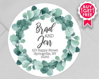 BOGO / Custom Wedding Address Stickers with Pretty Green Wreath / GLOSSY Stickers / 3 sizes / Personalized Wedding Address Labels