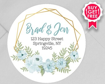 BOGO / Custom Wedding Address Stickers with Blue Gold Wreath / GLOSSY Stickers / 3 sizes / Personalized Wedding Address Labels