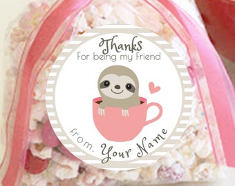 Sloth Thank You Sticker in Tea Cup GREY / Sheet of 12 / Custom Valentine Sticker / Personalized Valentine Sloth Label / Personalized Sloth