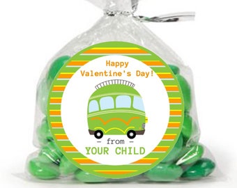 Custom Valentine Sticker / Green Volkswagon Bus/ Sheet of 12 / Personalized Valentine Label / Valentine Volkswagon Bus Stickers