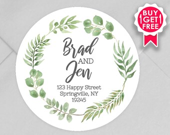 BOGO / Custom Wedding Address Stickers with Green Wreath / GLOSSY Stickers / Available in 3 sizes / Personalized Wedding Address Labels