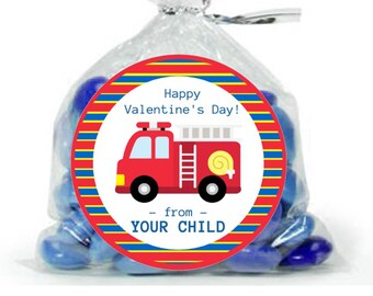 Custom Valentine Sticker / Red Fire Truck/ Sheet of 12 / Personalized Valentine Label / Valentine Fire Truck Stickers