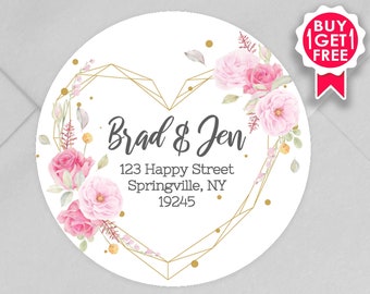 BOGO / Custom Wedding Address Stickers with Pink Floral Heart / GLOSSY Stickers / 3 sizes / Personalized Wedding Address Labels