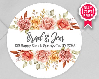 BOGO / Custom Wedding Address Stickers with Red Yellow Orange Floral / GLOSSY Stickers / 3 sizes / Personalized Wedding Address Labels