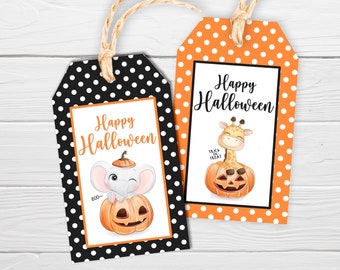 Halloween Printable Tags / 2 Designs Included / Black and Orange Elephant and Giraffe Tags / Cute Zoo Animal Halloween Tags