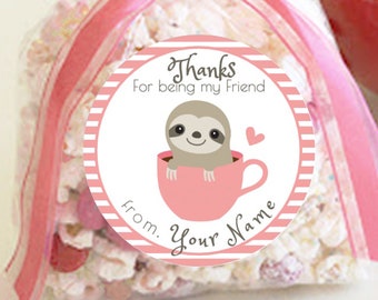 Sloth Thank You Sticker in Tea Cup pink / Sheet of 12 / Custom Valentine Sticker / Personalized Valentine Sloth Label / Personalized Sloth