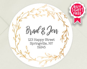 BOGO / Custom Wedding Address Stickers with Gold Twig Wreath / GLOSSY Stickers / 3 sizes / Personalized Wedding Address Labels