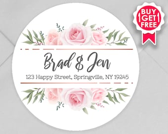 BOGO / Custom Wedding Address Stickers with Pink and Green Floral / GLOSSY Stickers / 3 sizes / Personalized Wedding Address Labels