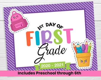 First Day of School Printable / Includes Preschool through 6th Grade / Purple, Pink, Green School Pennants