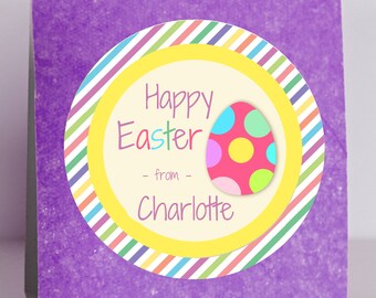 Ships Fast / Custom Easter Egg Sticker / Happy Easter Pink Egg with Striped Background / Sheet of 12 Round/ Personalized Easter Label