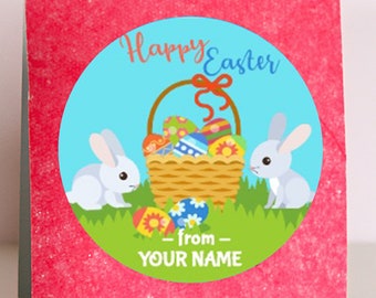 Ships Fast / Custom Easter Sticker / Baby Bunnies Happy Easter Basket / Sheet of 12 Round/ Personalized Easter Bunnies Label