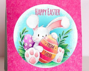 Ships Fast / Custom Easter Bunny Sticker / Happy Easter Bunny Holding Large Egg / Sheet of 12 Round/ Personalized Easter Label