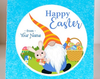 Ships Fast / Custom / Easter Gnome Sticker / Happy Easter Gnome Holding Bunny / Sheet of 12 Round / Personalized Easter Gnome Label