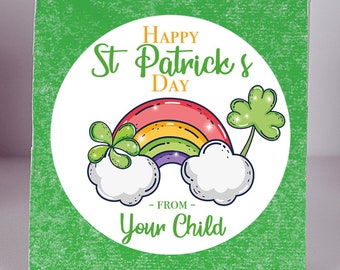 Ships Fast / Personalized St Patricks Day Sticker / Happy Rainbow with Clovers / 4 Sizes / Personalized St Patricks Labels