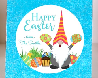 Custom Easter Gnome Sticker / Happy Easter Gnome Holding Eggs / Sheet of 12 Round / Personalized Easter Gnome Label