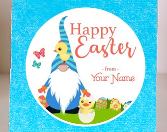 Ships Fast / Custom Easter Gnome Sticker / Happy Easter Gnome Holding Baby Chicks / Sheet of 12 Round/ Personalized Easter Gnome Label