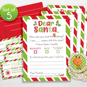 Set of 5 / Red Green Stripes / Official Letter to Santa Kit / Santa Letters Kit / Ships Fast / Kids Santa Letters / Letter to Santa