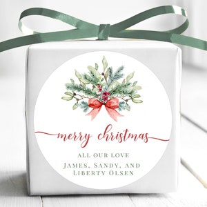 BOGO / Custom Christmas Wreath Labels in Red Font / Personalized Christmas Wedding Wreath / 3 Sizes / Merry Christmas Custom Stickers
