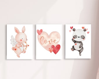 Set of 3 Wall Prints / Valentine Decor / Bunny Cupid Print / Love Prints / Home Decor Canvas Art / Cute Valentine Prints / Panda Bear