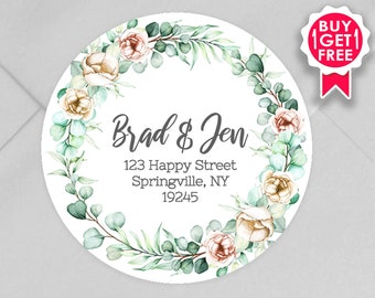BOGO / Custom Wedding Address Stickers with Pink Green Wreath / GLOSSY Stickers / 3 sizes / Personalized Wedding Address Labels