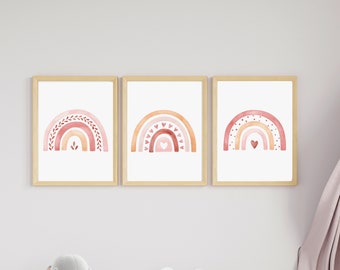 Set of 3 Linen Wall Prints / Boho Rainbow Decor / Pink Rainbow Prints / Boho Girls room / Home Decor / Rainbow Wall Art / Boho Bedroom