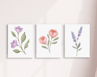 Set of 3 Prints / Pink Nursery / Wildflower art / Canvas Floral Nursery Print / Flower Print for Girls / Purple Flower Decor / Nursery Decor