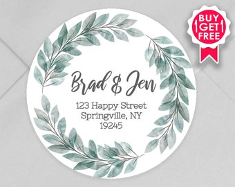 BOGO / Custom Wedding Address Stickers with Green Laurel Wreath / GLOSSY Stickers / 3 sizes / Personalized Wedding Address Labels