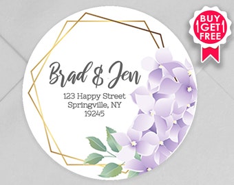 BOGO / Custom Wedding Address Stickers with Purple Gold Wreath / GLOSSY Stickers / 3 sizes / Personalized Wedding Address Labels