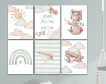 Set of 6 Airplane Prints / Airplane Decor / Mint Green Teddy Bear Print / Airplanes Nursery / Teddy Bear Print for Baby / Nursery Art Print