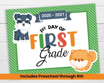 First Day of School Puppies Printable / Includes Preschool through 6th Grade / Cute Sloth with Blue Frame School Printable
