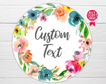 BOGO / Bright Floral Wreath Custom Wedding Sticker / GLOSSY Stickers / Available in 3 sizes / Personalized Wedding Labels