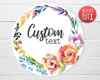 BOGO / Rainbow Floral Custom Wedding Stickers / GLOSSY Stickers / Available in 4 sizes / Personalized Rainbow Flower Wedding Labels