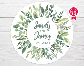 BOGO / Round Greenery Wreath / Custom Wedding Stickers / GLOSSY / 4 sizes / Personalized Wedding Stickers / Custom Wedding Labels