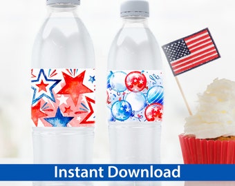 4th of July Water Bottle Labels / Stars and Balloons Patriotic Water Bottle Printable / 2 Designs / Instant 4th of July Water Bottle Wraps