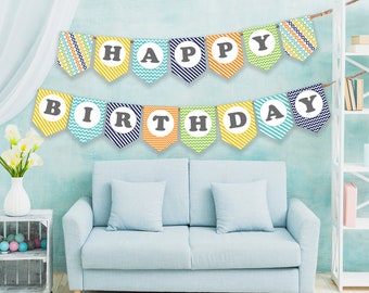 Happy Birthday Banner / Printable Surfer Colored Birthday Pennants / Happy Birthday Garland