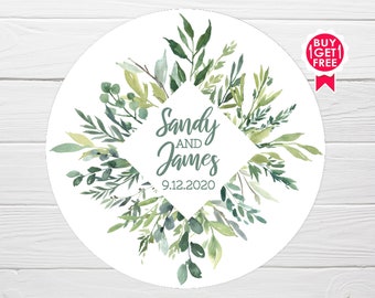 BOGO / Diamond Greenery Wreath / Custom Wedding Stickers / GLOSSY / 4 sizes / Personalized Wedding Stickers / Custom Wedding Labels