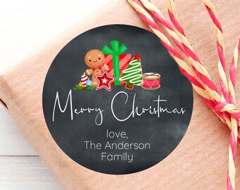 Toys and Treats / Christmas Gift Stickers / Chalkboard Christmas Labels / 2 Sizes / Round Glossy / Custom Christmas Chalkboard Stickers