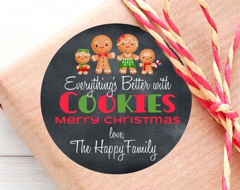 Gingerbread Family / Christmas Gift Stickers / Chalkboard Christmas Labels / 3 Sizes / Round Glossy / Custom Christmas Chalkboard Stickers